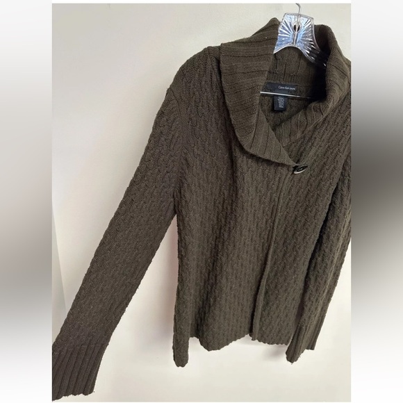 Calvin Klein Women's Large Chunky Knit Wrap Neck Cardigan Sweater Brownish Green - Picture 1 of 6